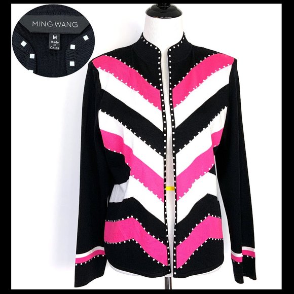 Ming Wang Sweaters - Ming Wang Open Front Knit Cardigan Career Black White Pink Medium